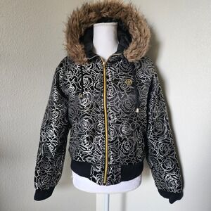 Southpole All Over Rose Puffer Jacket Black Silver Faux Fur Hood Y2K